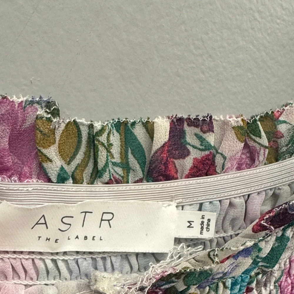 Astr Pink Blue and Green Floral Puff Sleeve Smocked Crop Blouse - Size M
